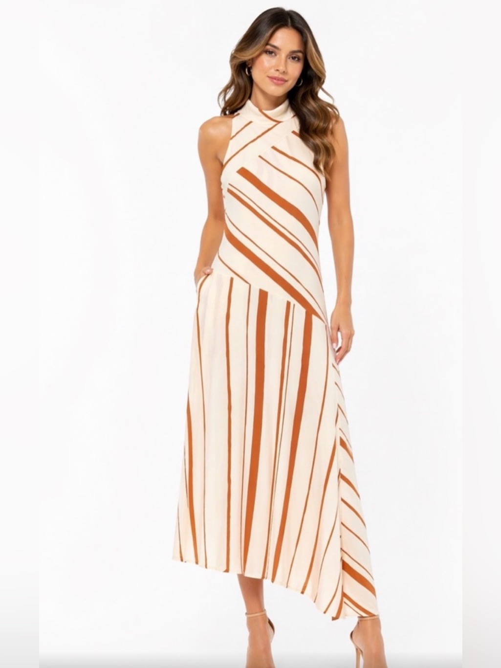 Taylor Cream & Rust Striped Halter Asymmetrical Maxi Dress Size 2